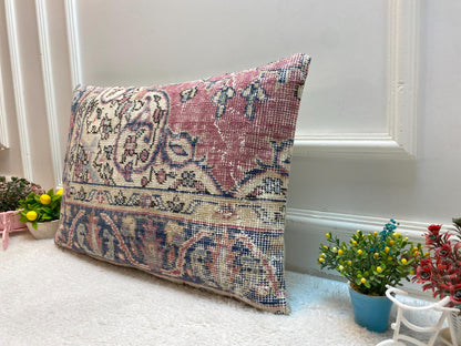Vintage Turkish Rug Lumbar Pillow: Organic Wool Boho Design (16x24 in)