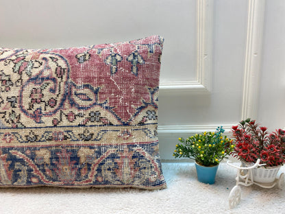 Vintage Turkish Rug Lumbar Pillow: Organic Wool Boho Design (16x24 in)