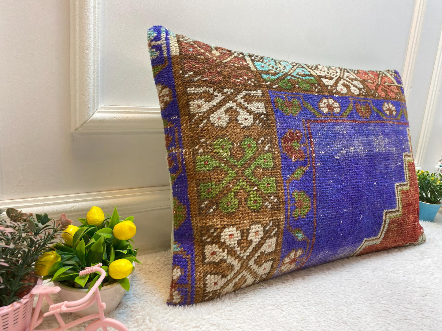 Vintage Turkish Rug Lumbar Pillow: Blue Woven Wool Pillow Cover (16x24 in)
