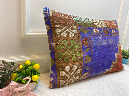 Vintage Turkish Rug Lumbar Pillow: Blue Woven Wool Pillow Cover (16x24 in)