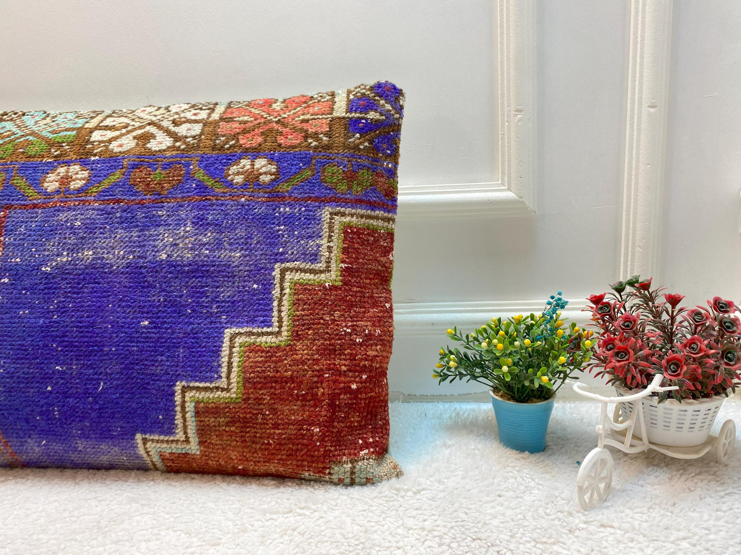 Vintage Turkish Rug Lumbar Pillow: Blue Woven Wool Pillow Cover (16x24 in)