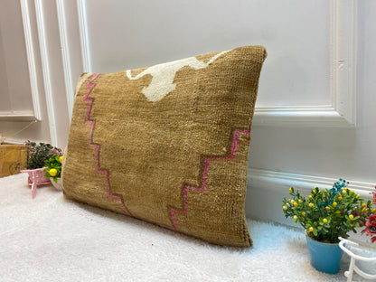 Handmade Brown Turkish Rug Lumbar Pillow Cover (16x24 in)
