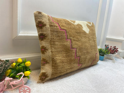 Handmade Brown Turkish Rug Lumbar Pillow Cover (16x24 in)
