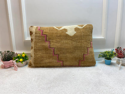 Handmade Brown Turkish Rug Lumbar Pillow Cover (16x24 in)