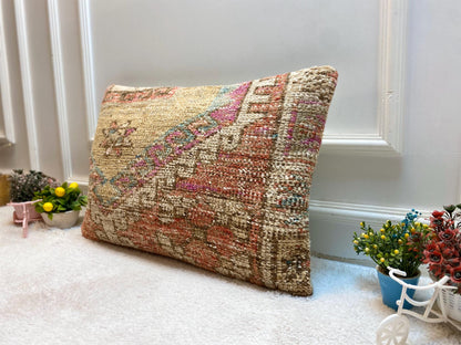 Vintage Turkish Rug Pillow Cover: Organic Wool Lumbar Cushion (16x24 in)