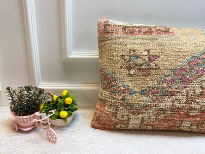 Vintage Turkish Rug Pillow Cover: Organic Wool Lumbar Cushion (16x24 in)
