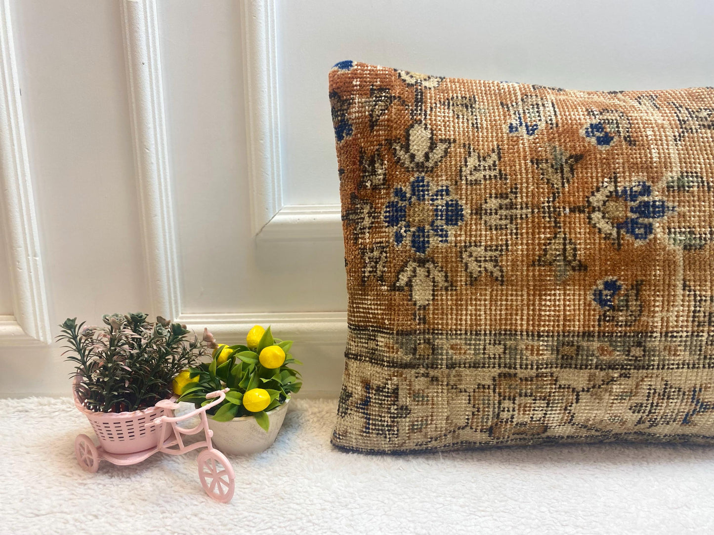 Floral Turkish Rug Lumbar Pillow: Handmade Vintage Wool (16x24 in)