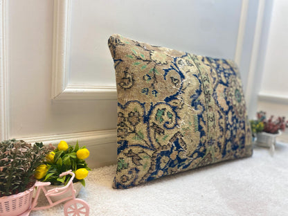 Handmade Floral Turkish Rug Pillow Cover: Vintage Kilim Lumbar Pillow (16x24 in)