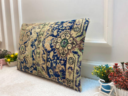 Handmade Floral Turkish Rug Pillow Cover: Vintage Kilim Lumbar Pillow (16x24 in)