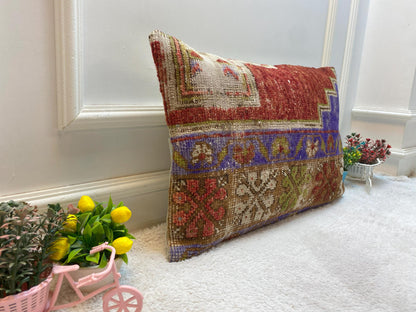 Geometric Turkish Rug Lumbar Pillow: Upcycled Wool, 16x24 inch