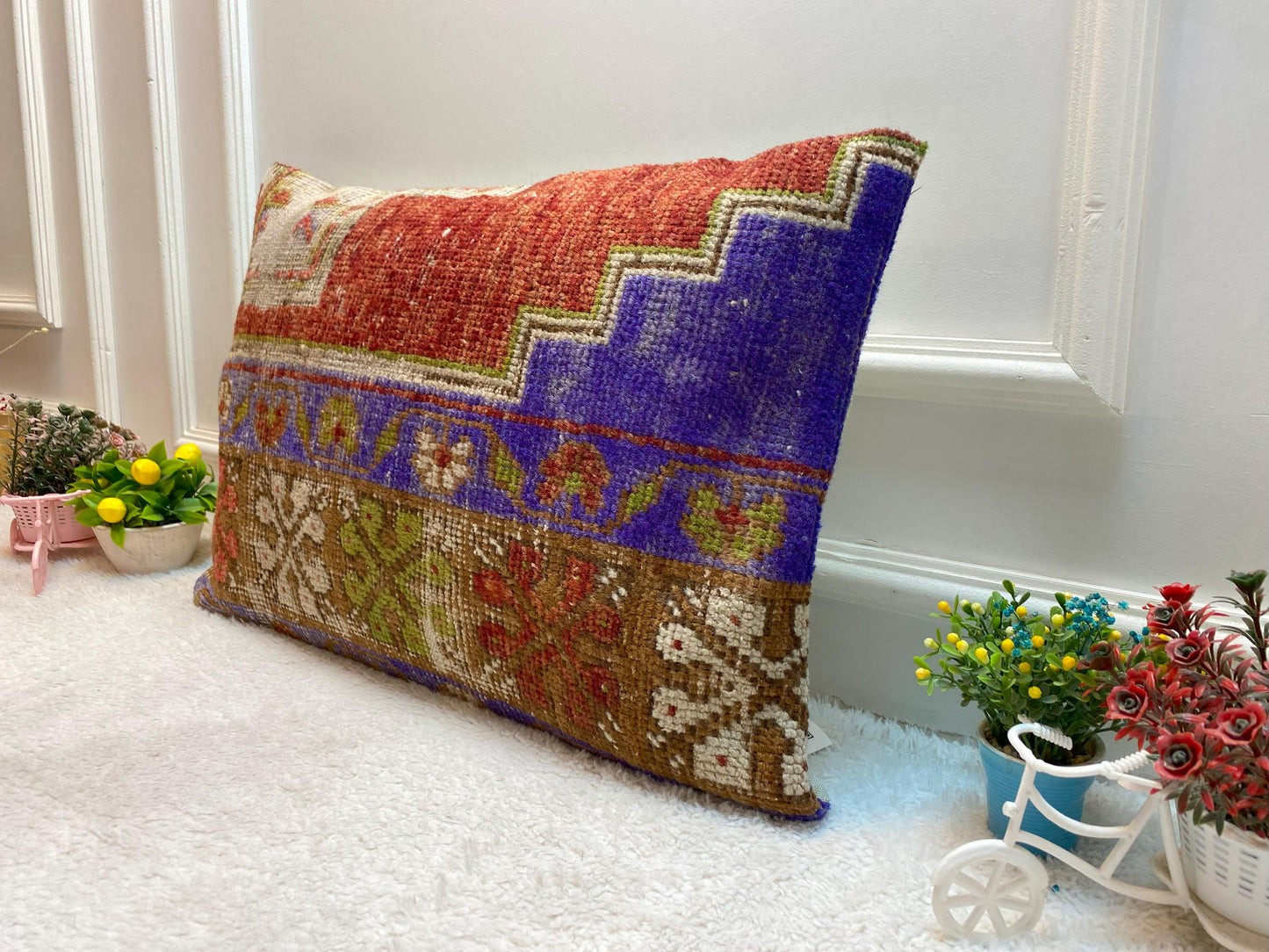 Geometric Turkish Rug Lumbar Pillow: Upcycled Wool, 16x24 inch