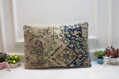 Handmade Kilim Lumbar Pillow Cover: Floral Woven Rug, 16x24 inch