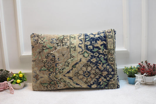 Handmade Kilim Lumbar Pillow Cover: Floral Woven Rug, 16x24 inch