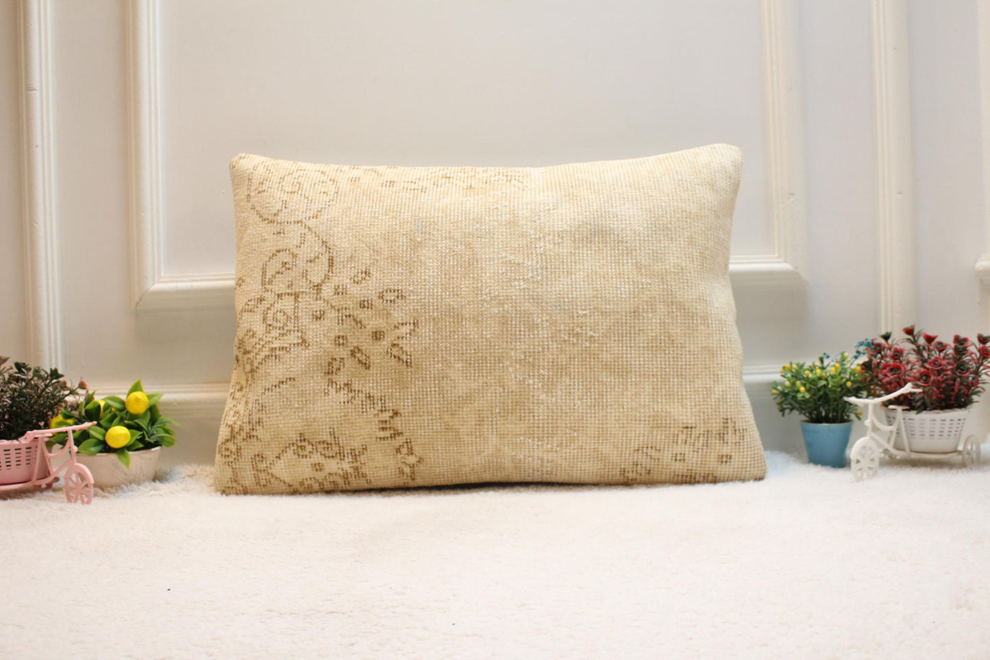 Handmade Kilim Lumbar Pillow Cover: Beige Brown Woven Rug, 16x24 inch