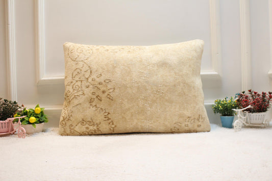 Handmade Kilim Lumbar Pillow Cover: Beige Brown Woven Rug, 16x24 inch