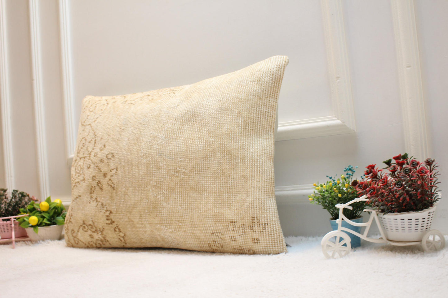 Handmade Kilim Lumbar Pillow Cover: Beige Brown Woven Rug, 16x24 inch