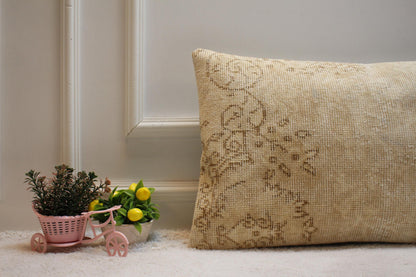 Handmade Kilim Lumbar Pillow Cover: Beige Brown Woven Rug, 16x24 inch