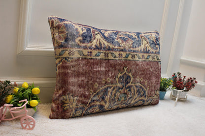 Handmade Turkish Kilim Pillow Cover: Upcycled Woven Rug, 16x24 inch