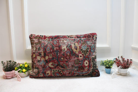 Handmade Wool Lumbar Pillow Cover: Red Anatolian Rug Pillow (16x24 in)