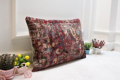 Handmade Wool Lumbar Pillow Cover: Red Anatolian Rug Pillow (16x24 in)