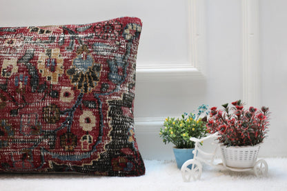 Handmade Wool Lumbar Pillow Cover: Red Anatolian Rug Pillow (16x24 in)