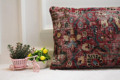 Handmade Wool Lumbar Pillow Cover: Red Anatolian Rug Pillow (16x24 in)