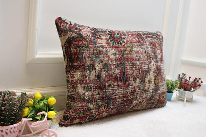 Handmade Floral Kilim Lumbar Pillow Cover: Red Woven Rug Pillow (16x24 in)