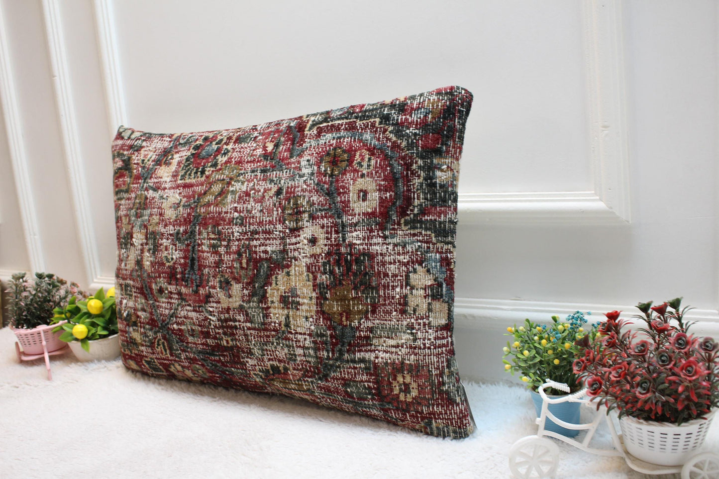 Handmade Floral Kilim Lumbar Pillow Cover: Red Woven Rug Pillow (16x24 in)