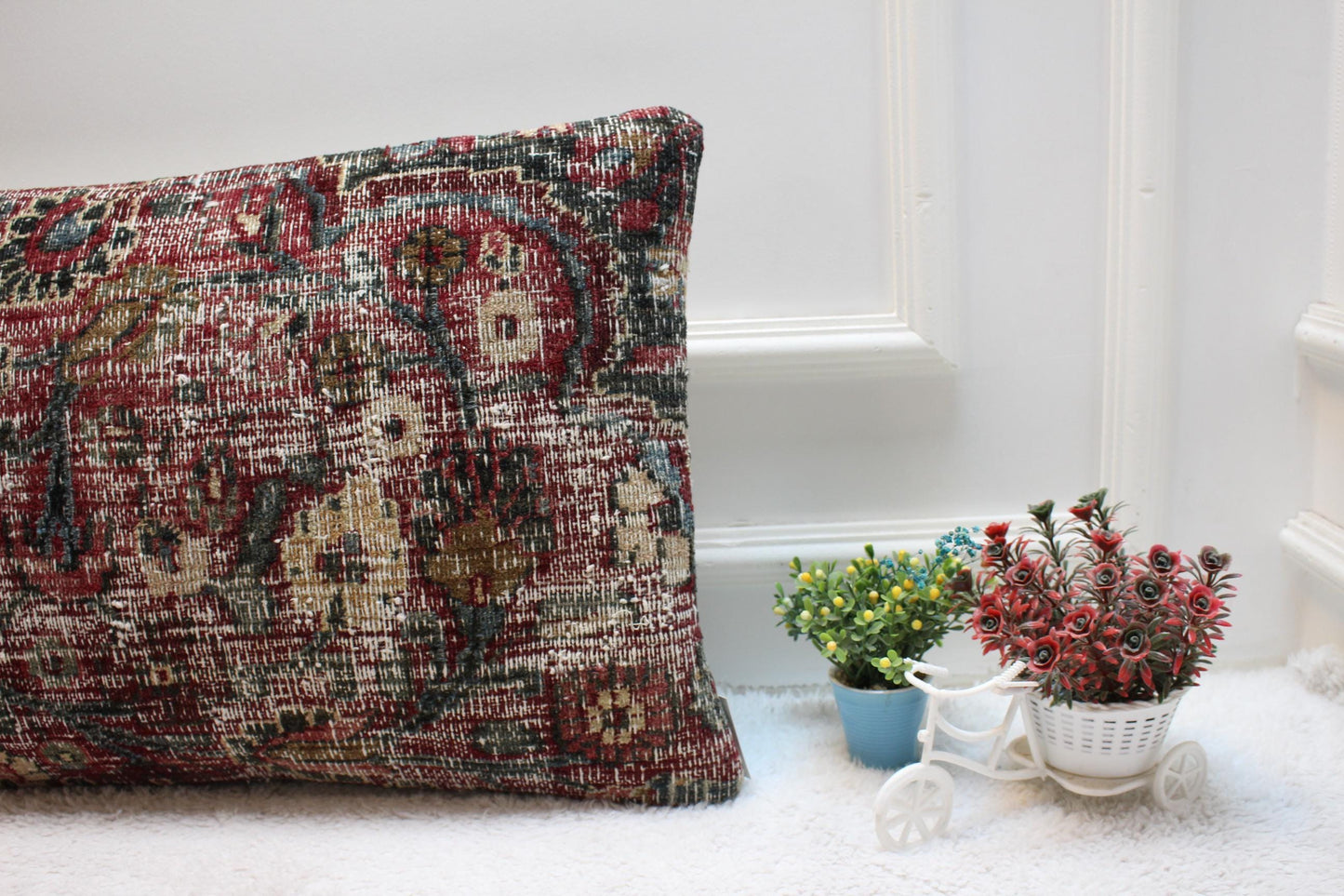 Handmade Floral Kilim Lumbar Pillow Cover: Red Woven Rug Pillow (16x24 in)