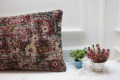 Handmade Floral Kilim Lumbar Pillow Cover: Red Woven Rug Pillow (16x24 in)