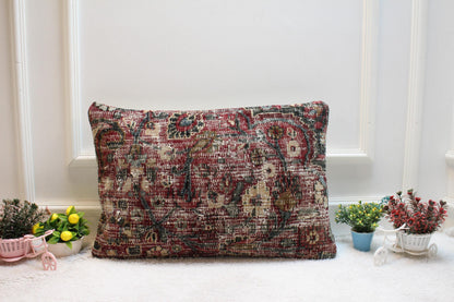 Handmade Floral Kilim Lumbar Pillow Cover: Red Woven Rug Pillow (16x24 in)