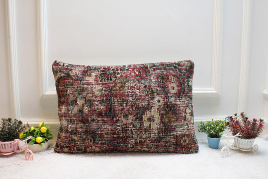 Handmade Floral Kilim Lumbar Pillow Cover: Red Woven Rug Pillow (16x24 in)