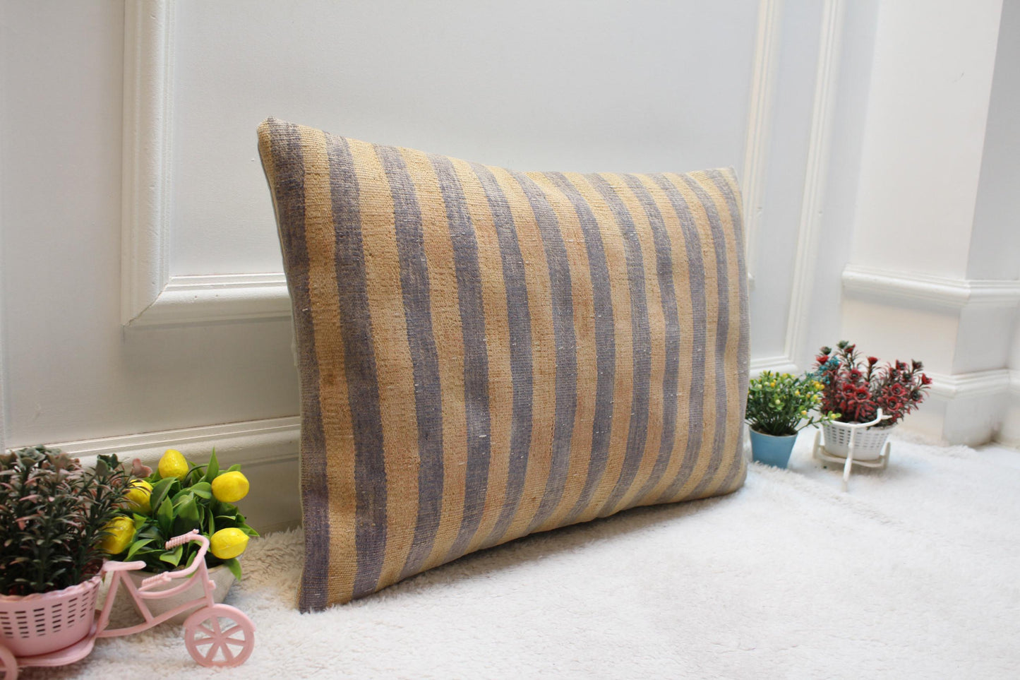 Handmade Striped Kilim Pillow Cover: Organic Wool Lumbar Cushion (16x24)