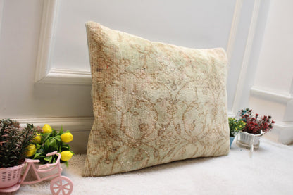 Handmade Beige Wool Lumbar Pillow Cover: Vintage Anatolian Rug, 16x24 inch