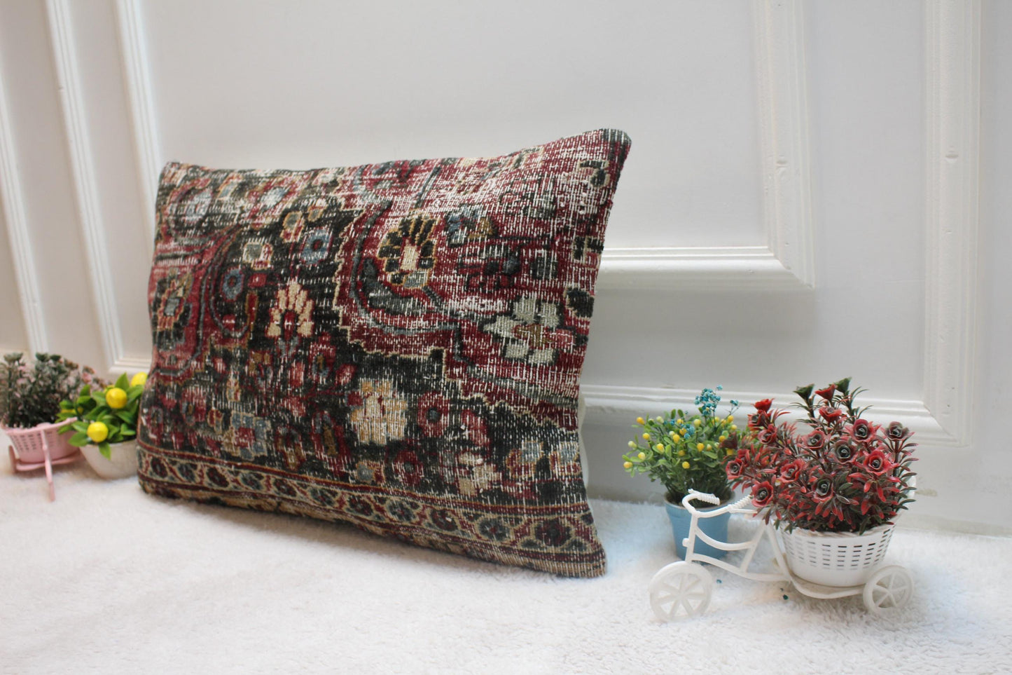 Handmade Kilim Lumbar Pillow Cover: Black & Red Woven Rug (16x24 inc)