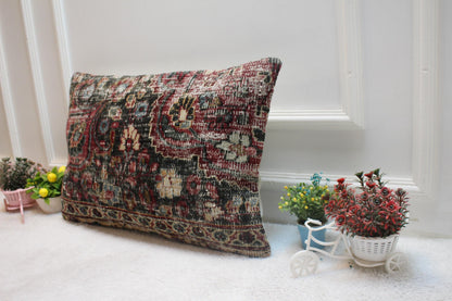 Handmade Kilim Lumbar Pillow Cover: Black & Red Woven Rug (16x24 inc)