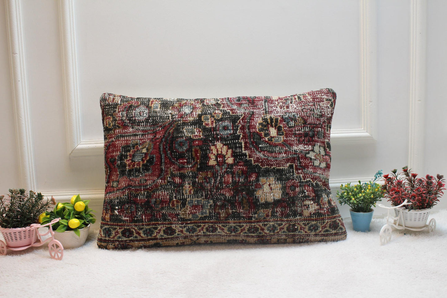 Handmade Kilim Lumbar Pillow Cover: Black & Red Woven Rug (16x24 inc)