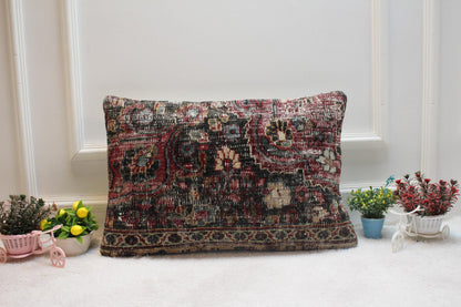 Handmade Kilim Lumbar Pillow Cover: Black & Red Woven Rug (16x24 inc)