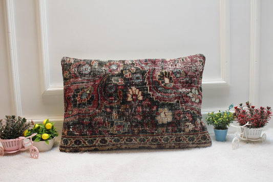 Handmade Kilim Lumbar Pillow Cover: Black & Red Woven Rug (16x24 inc)