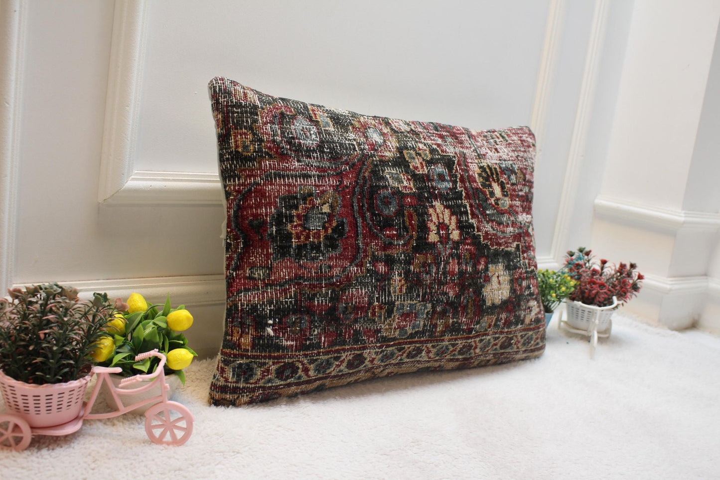 Handmade Kilim Lumbar Pillow Cover: Black & Red Woven Rug (16x24 inc)