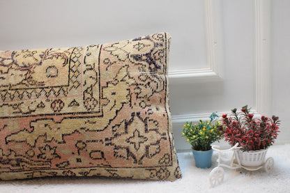 Handmade Kilim Lumbar Pillow Cover: Pink Beige Rug Pillow (16x24 in)