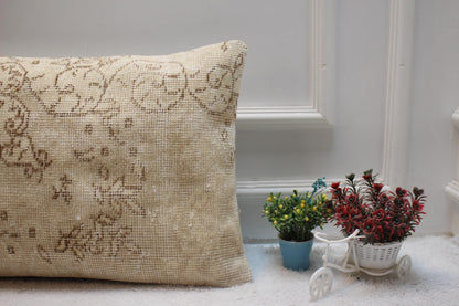 Handmade Beige Kilim Lumbar Pillow Cover: Upcycled Rug, 16x24 inch