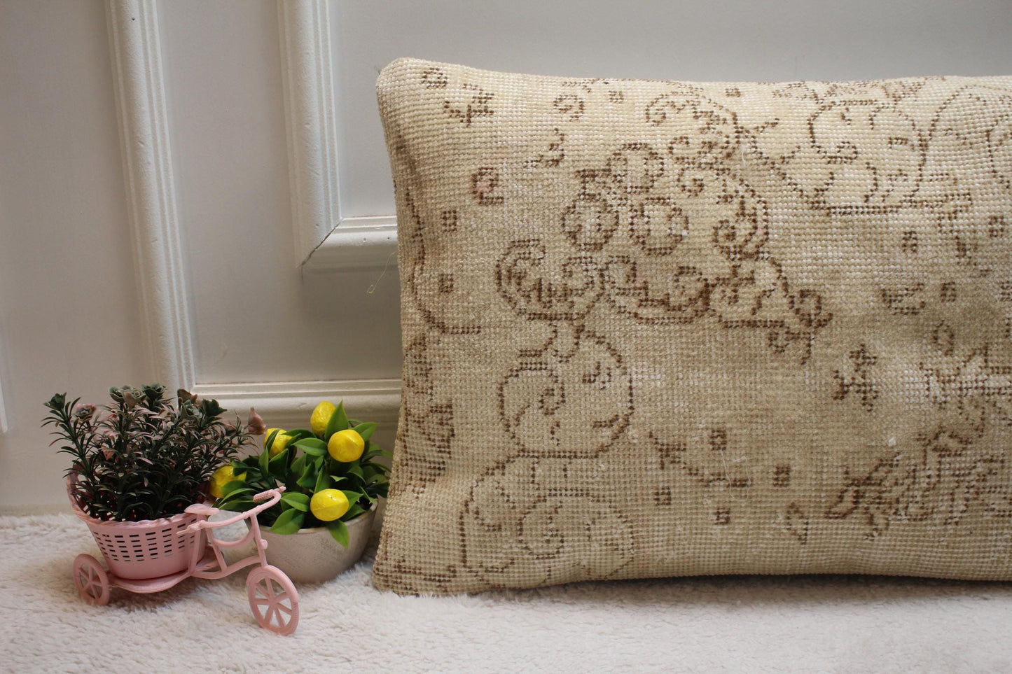 Handmade Beige Kilim Lumbar Pillow Cover: Upcycled Rug, 16x24 inch