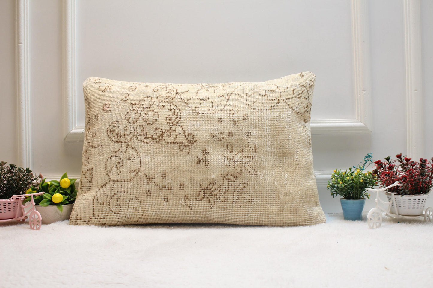 Handmade Beige Kilim Lumbar Pillow Cover: Upcycled Rug, 16x24 inch