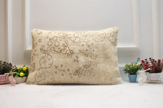 Handmade Beige Kilim Lumbar Pillow Cover: Upcycled Rug, 16x24 inch