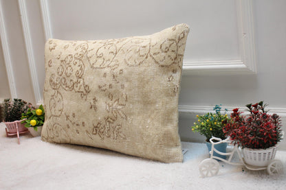 Handmade Beige Kilim Lumbar Pillow Cover: Upcycled Rug, 16x24 inch