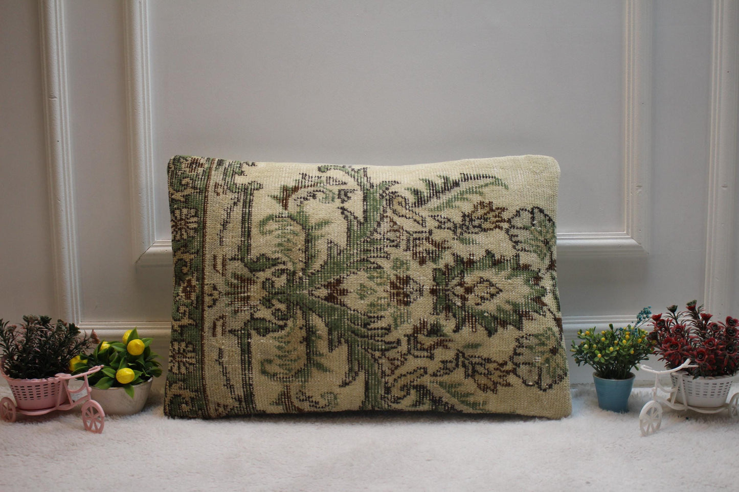 Floral Kilim Pillow Cover: Green Beige Vintage Rug, Handmade Wool