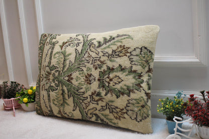 Floral Kilim Pillow Cover: Green Beige Vintage Rug, Handmade Wool