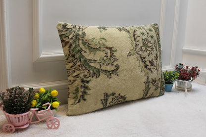 Floral Kilim Lumbar Pillow Cover: Beige & Green Rug Pillow, 16x24 inc