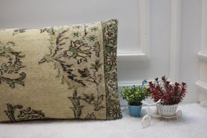 Floral Kilim Lumbar Pillow Cover: Beige & Green Rug Pillow, 16x24 inc